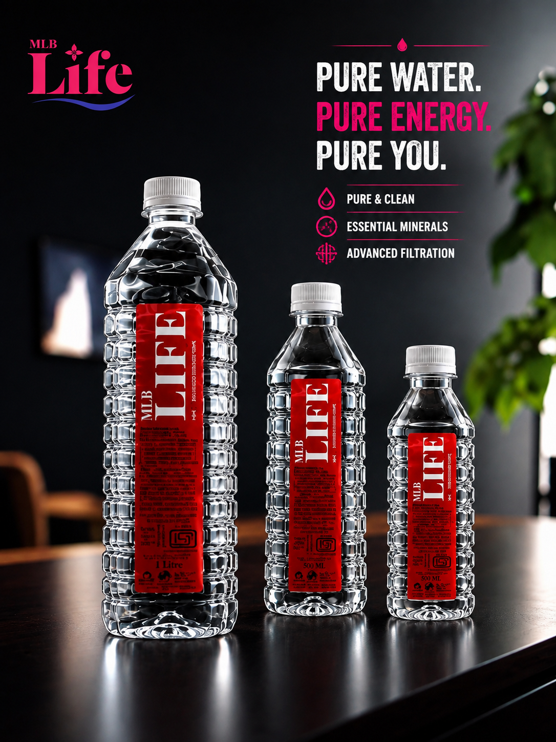 LIFE bottle line-up — pure water, pure energy